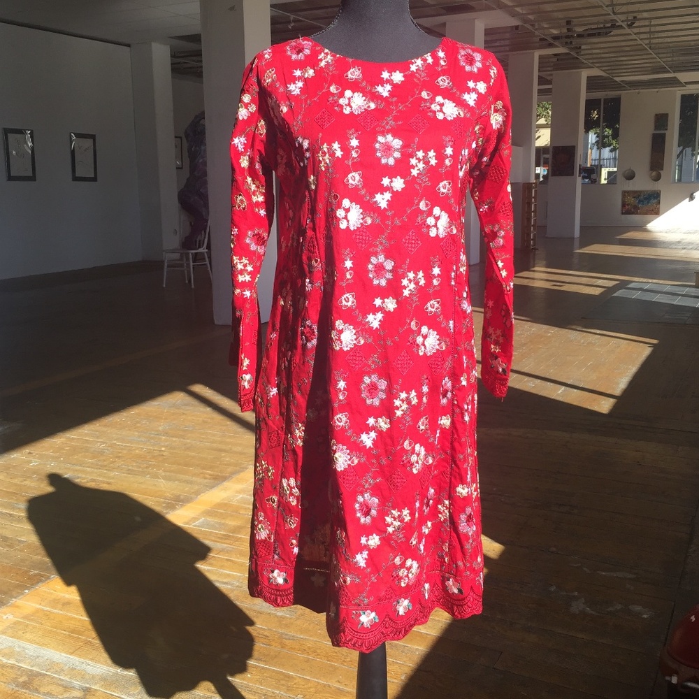 Embroidered Rich Red Floral Long Sleeve dress